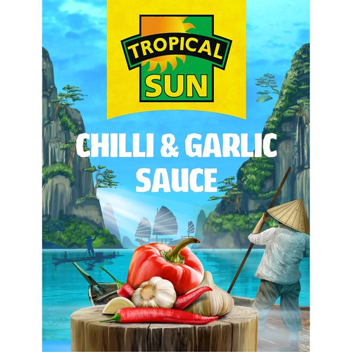 Design Tropical Sun Chilli & Garlic Sauce Label Digital Painting por thelembique