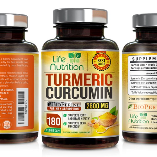 Life Nutrition needs a "beautiful label" for its Turmeric Extract bottle -  (Two (2) Winners will be awarded! ) Design by 18-Designs