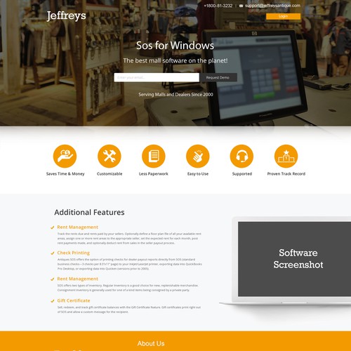 Design a landing page for an antique mall accounting system Landing