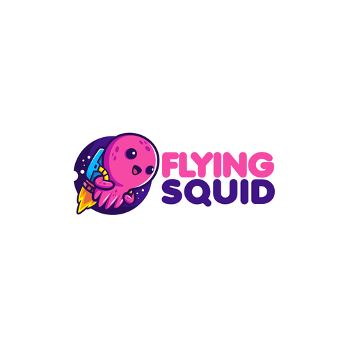 Logo of a squid wearing a jetpack for product named FlyingSquid Design by palugongso