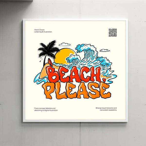 Design réalisé par Alana Rodrigues et intitulé "Beach, Please — Custom Hand-Drawn Lettering & Vector Illustration"