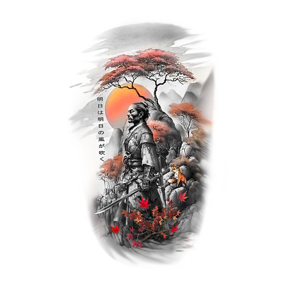 Upper arm black/grey japanese-themed tattoo