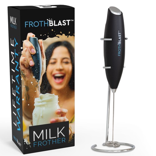 "Design a BOX design for MILK FROTHER  product" Diseño de interaksi