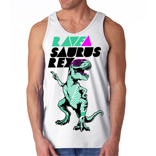 Create a Dancing Dinosaur Themed Tank Top "Raveasaurus Rex" Design by ABP78