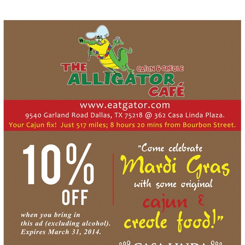 Create a Mardi Gras ad for The Alligator Cafe Design by Brushwork D' Studio