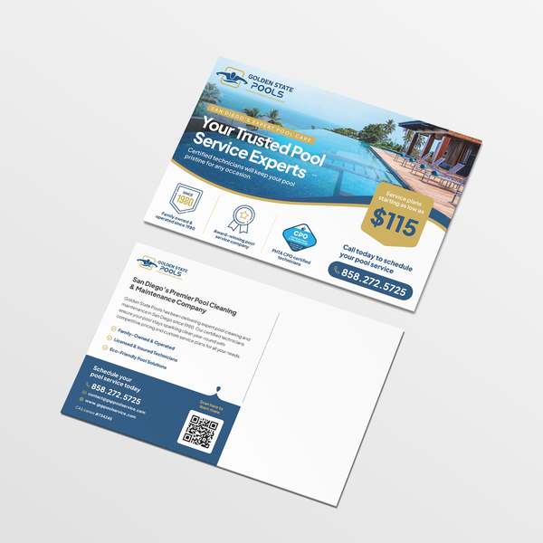 Design by IscoJuliano titled "Golden State Pools — Direct Mail Postcard"