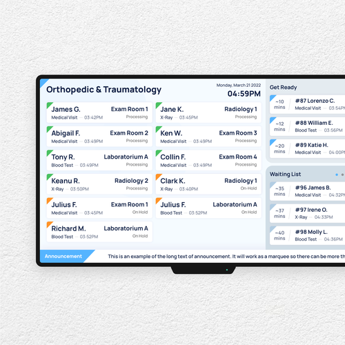 Patient Status Dashboard Viewed in Waiting Room Design by Stefano Okti