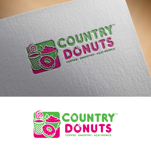 We need a modern exciting logo to encompasses our Name Country Donuts Coffee smoothy bowls Design réalisé par crapit