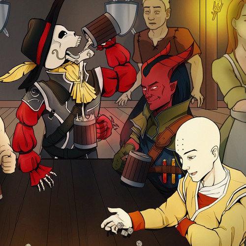Cartoony illustration of Dungeons and Dragons group Design by Liath
