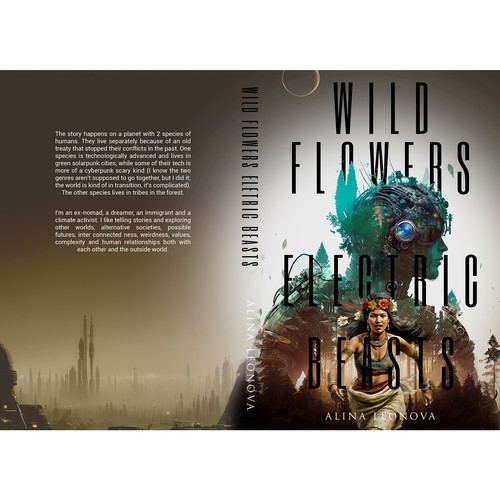 A cover for a sci-fi book with 2 species of humans (a tribal & a high-tech one), solarpunk aesthetics & wild nature Design by Aaniyah.ahmed