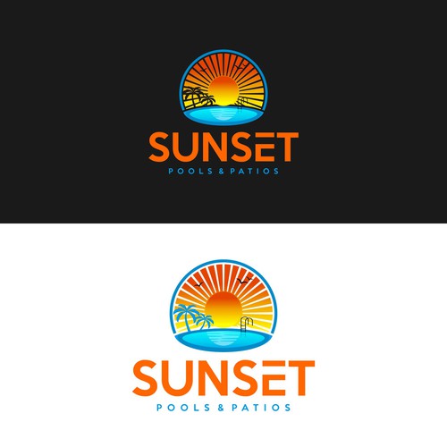 Sunset, Palm Tree & Pool logo for swimming pool construction Logo