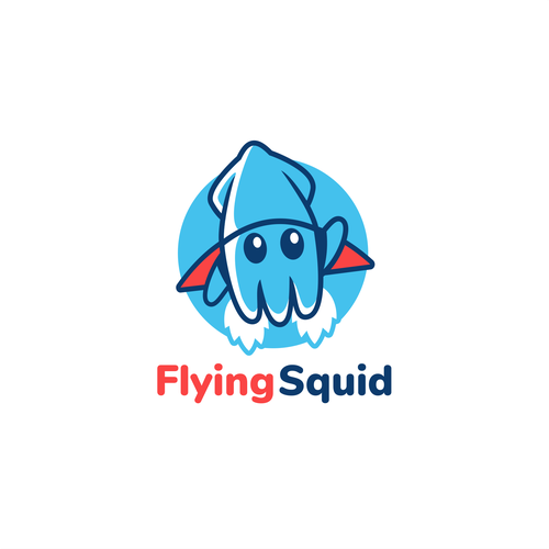 Logo of a squid wearing a jetpack for product named FlyingSquid Design by Halin