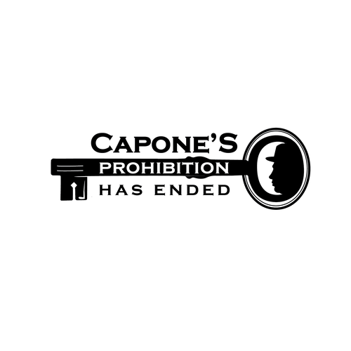 Design a prohibition style logo with a old key and al Capone face ( side view ) black and white Design by Ida11