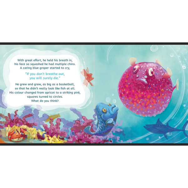 Illustration for the story about a fish that holds her breath in and grows bigger and bigger.