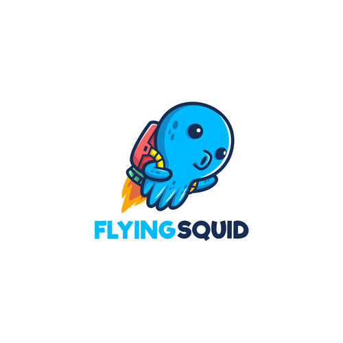 Logo of a squid wearing a jetpack for product named FlyingSquid Design by palugongso
