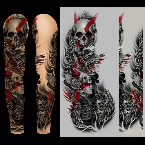 Girls full sleeve tattoo – norse mythology + gaming (god of war inspired) -  black & grey + accents, Tattoo contest