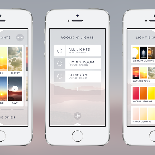 Create an cool, fluid, engaging lighting control app for OnSwitch Lighting Experiences. Design by Sasha Radojevic