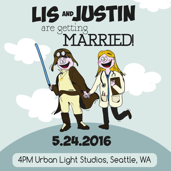 A cartoonish illustration for a wedding card