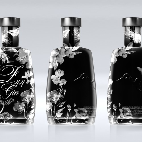 Gin Bottle & packaging design + merchandising Design by bcra