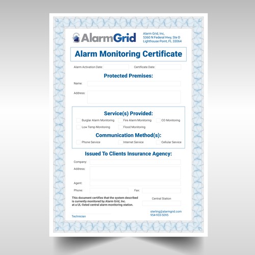 Alarm Monitoring Certificate PDF for Insurance Providers Stationery