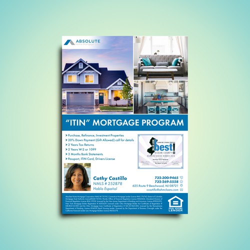 Create a professional and standout flyer for Absolute Home Mortgage Corp Postcard, flyer or