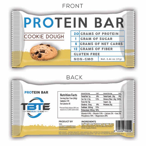 Design a unique protein bar wrapper for Too Busy To Eat Product