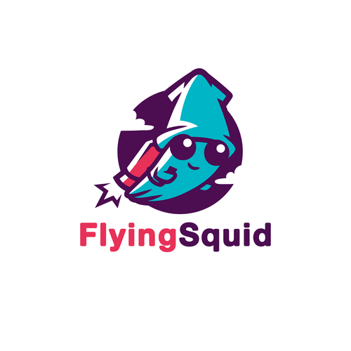 Logo of a squid wearing a jetpack for product named FlyingSquid Design by Rock N Draw