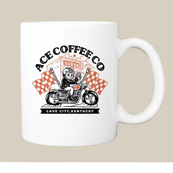 Cat riding a motorcycle in vintage style for coffee mug