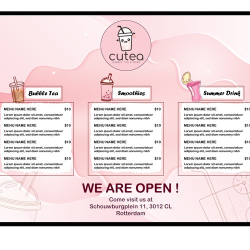 Cutea, bubbletea menu Design by Resurrection Design Studio