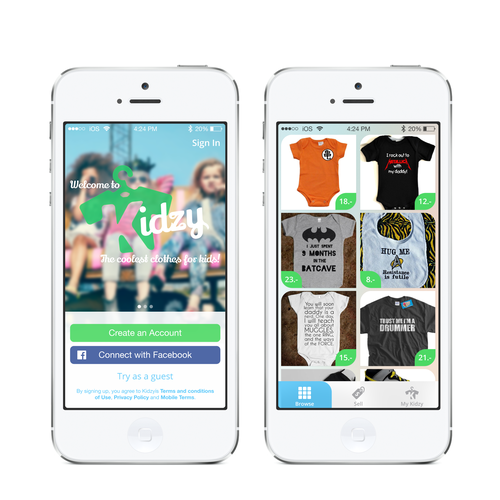 Mobile App Kidzy 2 simple screens + Logo. Design by MegaOptimus