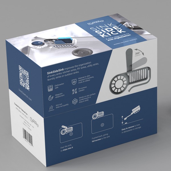 Packaging design of a sink caddy organizer. Sink Side Kick, Tinkered Inc