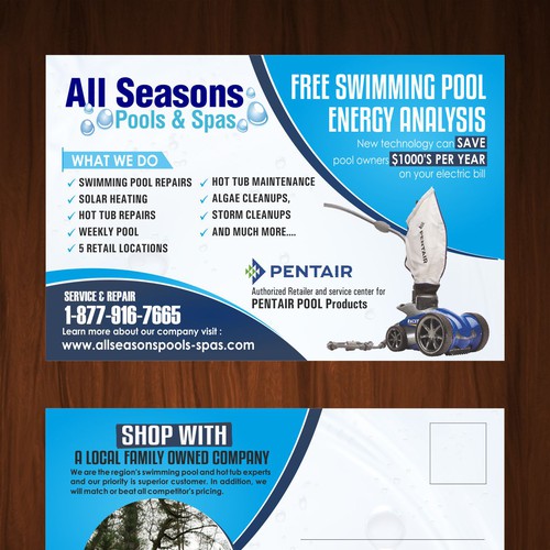 Postcard design for growing pool and hot tub company. All Seasons Pools