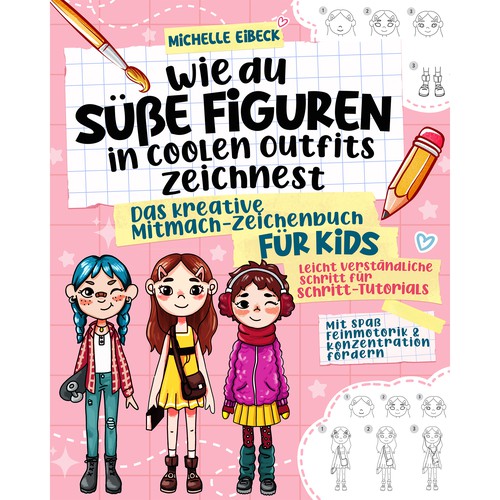 Design a creative cute cover for a children's drawing book with cute Characters Design by Asra.