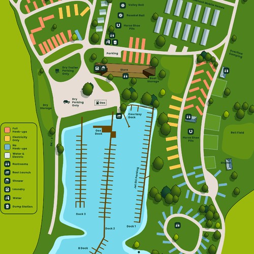 Please design a simple, fresh, updated map of our campground and marina for our website Design by Active Theory ✦✦✦