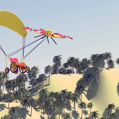 Make a printable 3d model of a paragliding wheelchair being pulled by quadcopters. Design by ututkusumadhata