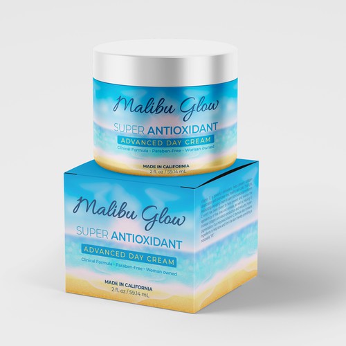 Simple skin care packaging for "Malibu Glow" with several follow-up packagings. Diseño de Radmilica