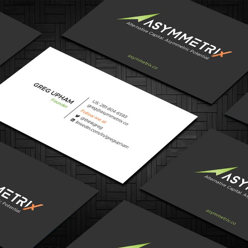 Design a cool, edgey but sophisticated business card for an alternative investment firm. Design von Taaiebah