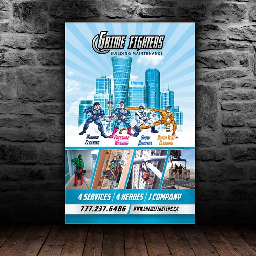 Create a Superhero advertisement for our skyscraper cleaning company Ontwerp door isuk