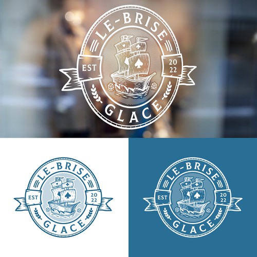 Board game bar logo with tavern design, inspired by vintage ice breaker boat atmosphere - official name is "Le Brise-gla Design réalisé par Logo Stadium