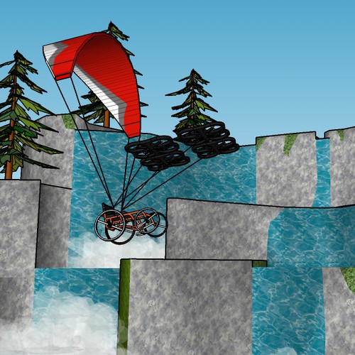 Make a printable 3d model of a paragliding wheelchair being pulled by quadcopters. Design by Ellington