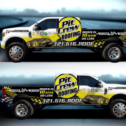 Vehicle Wrap Modification for a race car themed roofing company Design by MasterWraps™