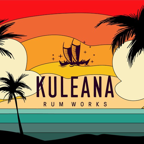 Vector illustration of Hawaiian sunset with clouds in retro style incorporating logo Design by Anastasia1995