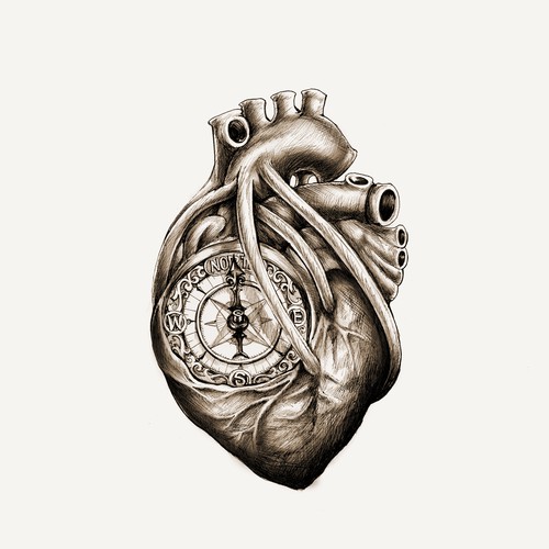 Greyscale Drawing of Da Vinci Anatomical Heart w/ Nautical Compass for Tattoo Design by simbe