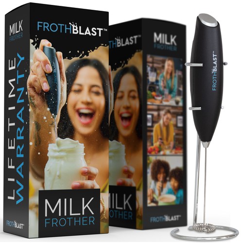 "Design a BOX design for MILK FROTHER  product" Diseño de interaksi