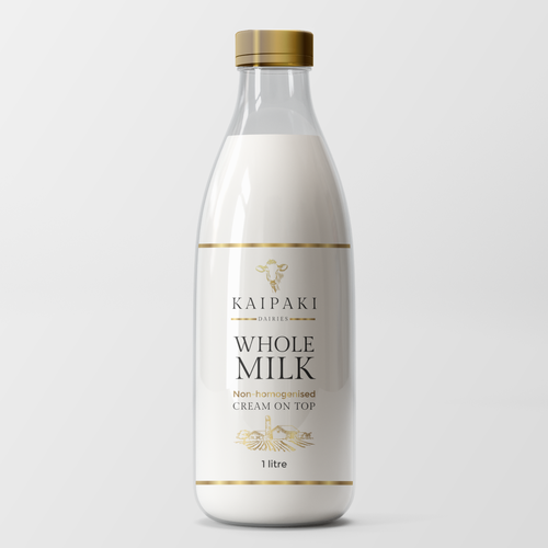 We need a premium milk bottle design for 1 litre glass botltes Design by ANGRYCAT™