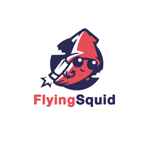 Logo of a squid wearing a jetpack for product named FlyingSquid Design by Rock N Draw