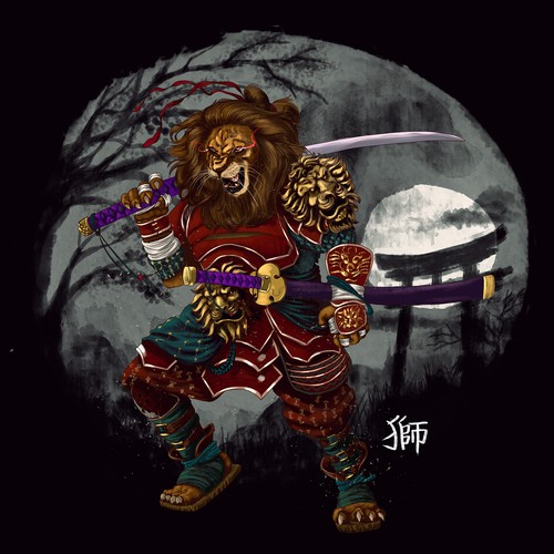 Manga style samurai lion illustration Design by Kumail Shareef