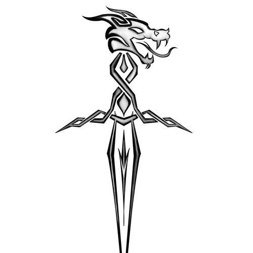 Back sword tatto, represents power, warrior's sword, with a dragon face on the circle of the swords handle Design by Vivi - Beau