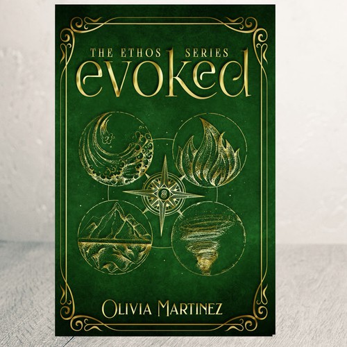 Book cover depicting the four elements: earth, fire, water, and air Design by Lilia Lalova