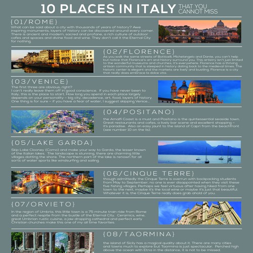 Create a fabulous pdf lead magnet for a luxury italian travel company, Illustration or graphics contest